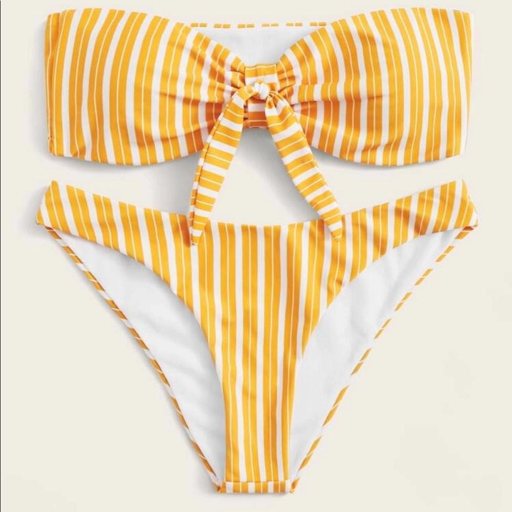 Striped knot front bandeau bikini set
